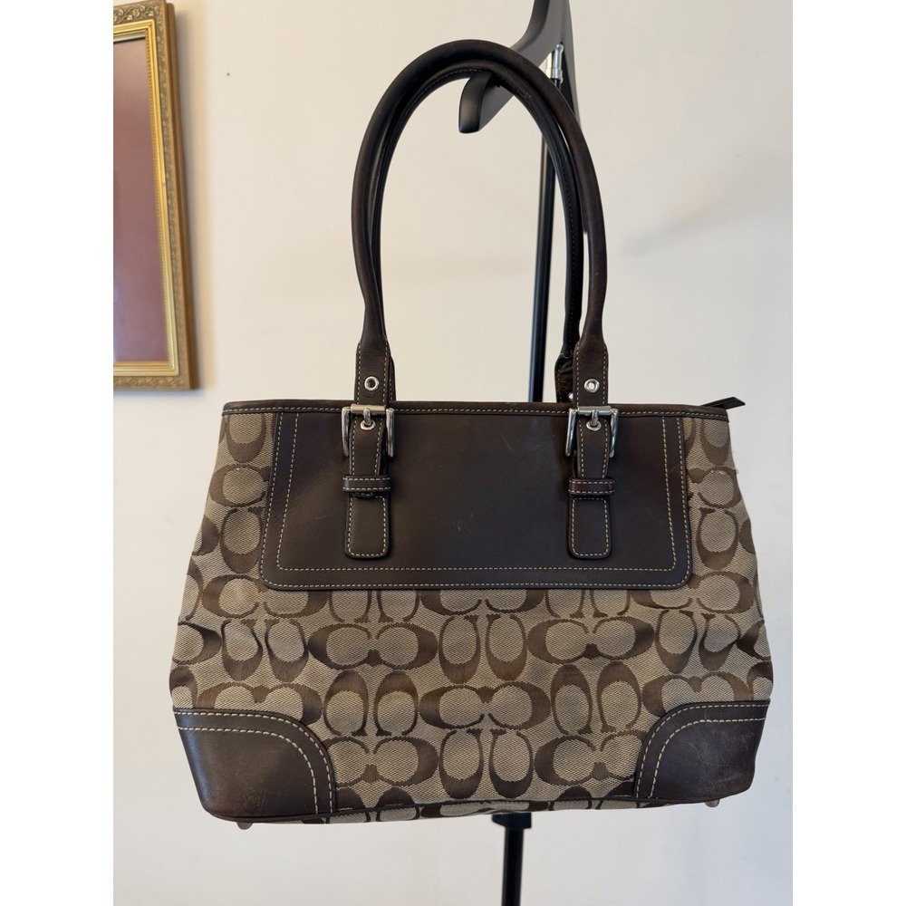 Coach Brown Beige Logo Leather Trim Top Handle Designer Bag Double Handles Zip